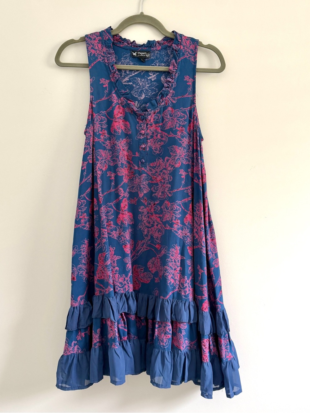 Sleeveless Navy Blue Dress with Pink Floral Print